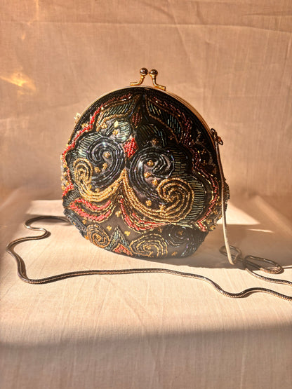 Vintage 90s Beaded Evening Bag by Dolcis | Black Beaded Clutch with Chain Strap