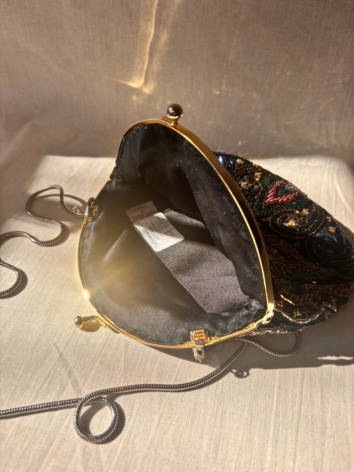 Vintage 90s Beaded Evening Bag by Dolcis | Black Beaded Clutch with Chain Strap