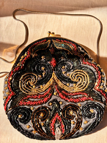 Vintage 90s Beaded Evening Bag by Dolcis | Black Beaded Clutch with Chain Strap