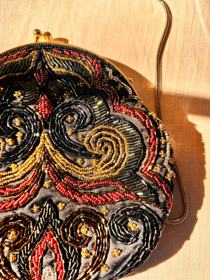 Vintage 90s Beaded Evening Bag by Dolcis | Black Beaded Clutch with Chain Strap