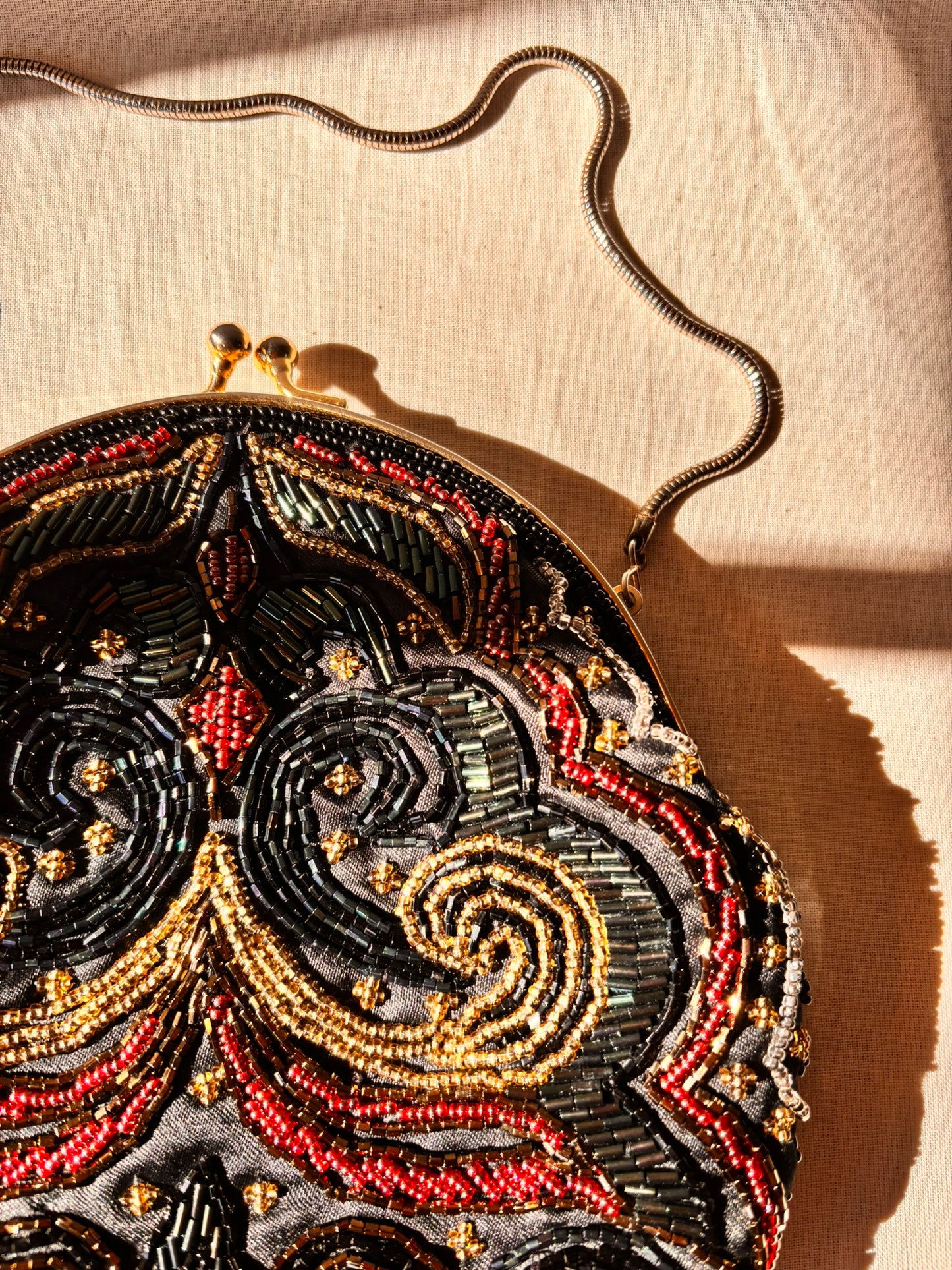 Vintage 90s Beaded Evening Bag by Dolcis | Black Beaded Clutch with Chain Strap