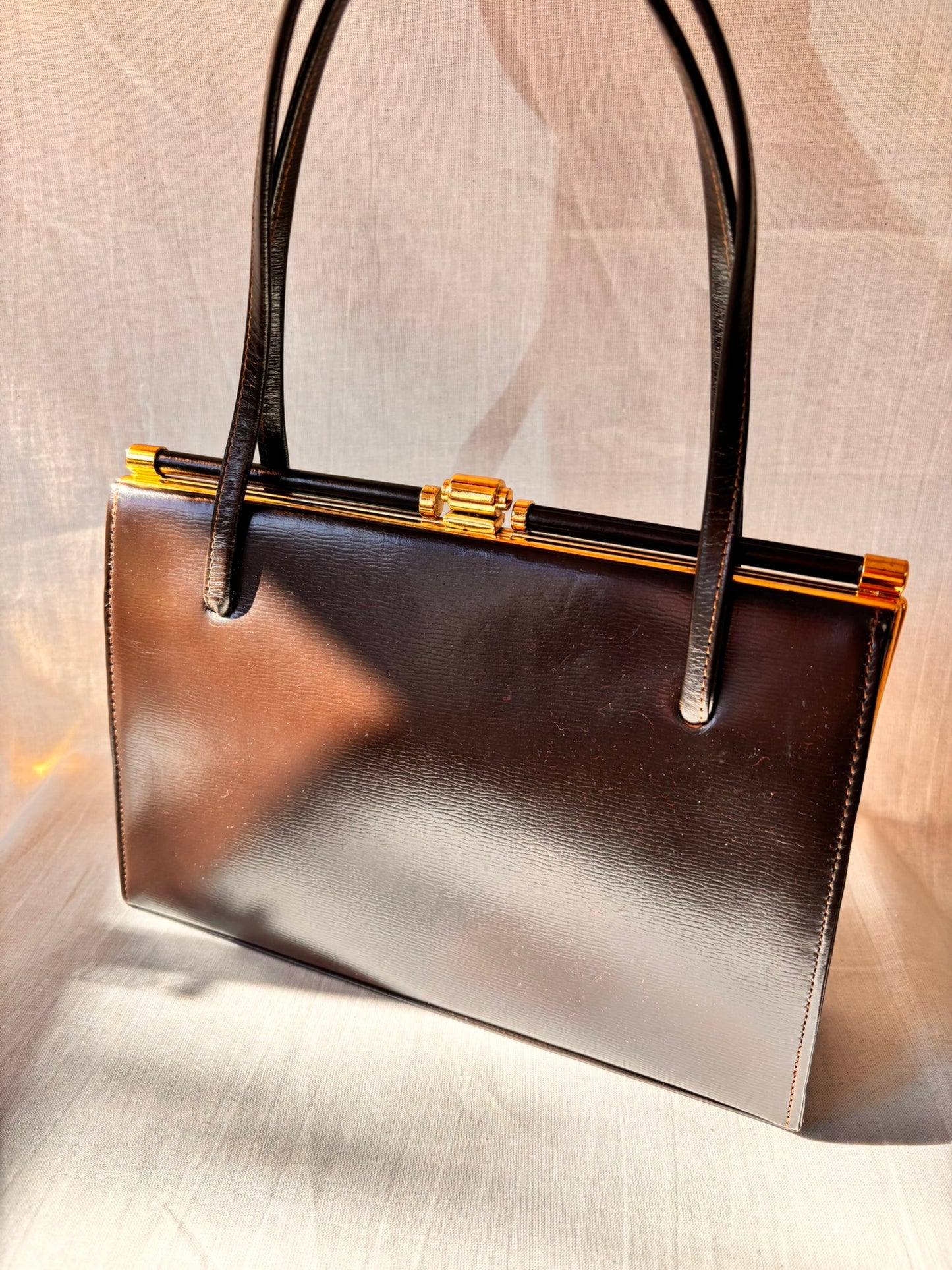 Vintage 1960s Chocolate Brown Leather Structured Handbag with Gold Frame