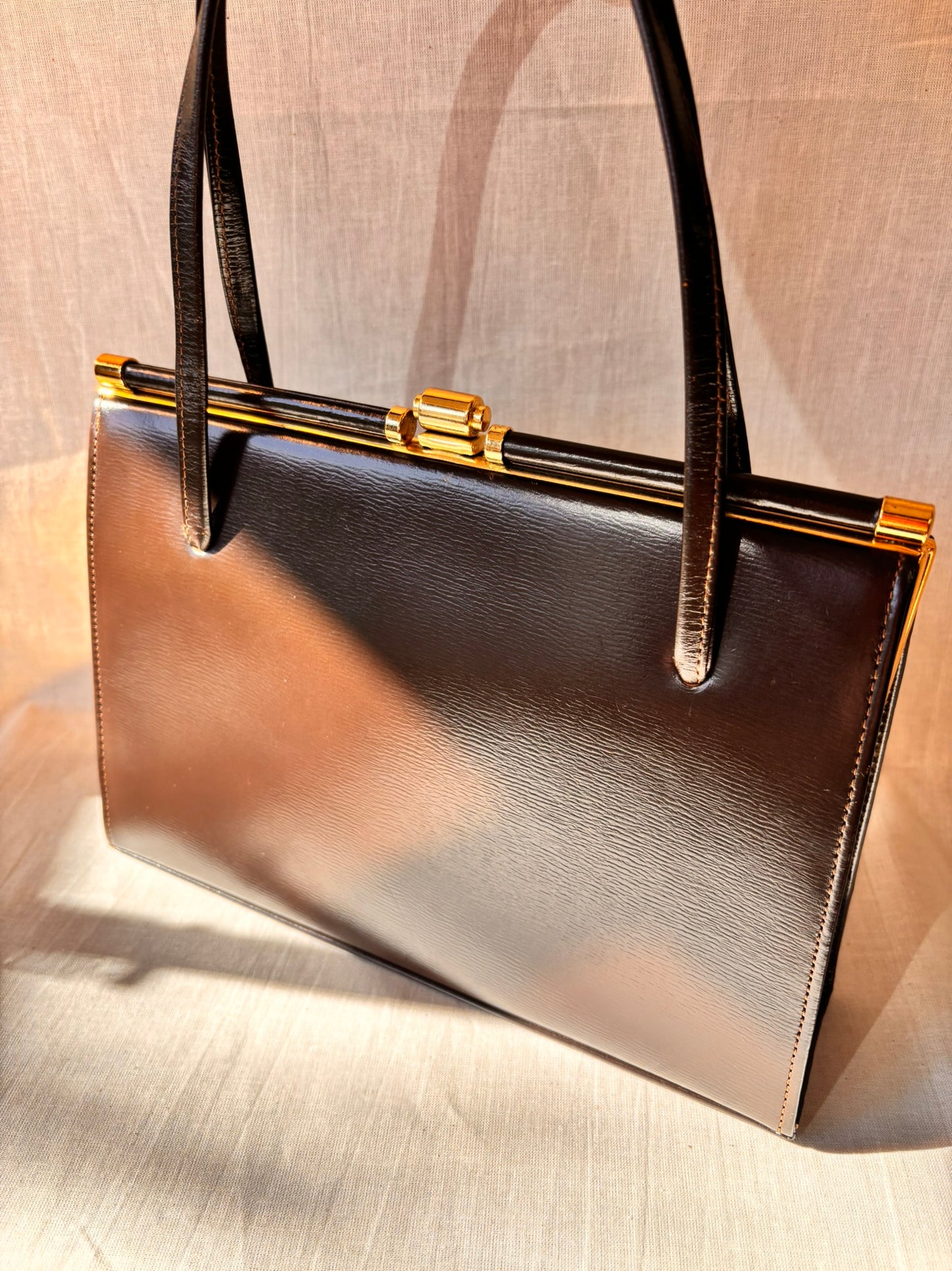 Vintage 1960s Chocolate Brown Leather Structured Handbag with Gold Frame