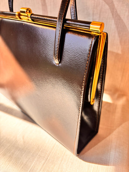 Vintage 1960s Chocolate Brown Leather Structured Handbag with Gold Frame