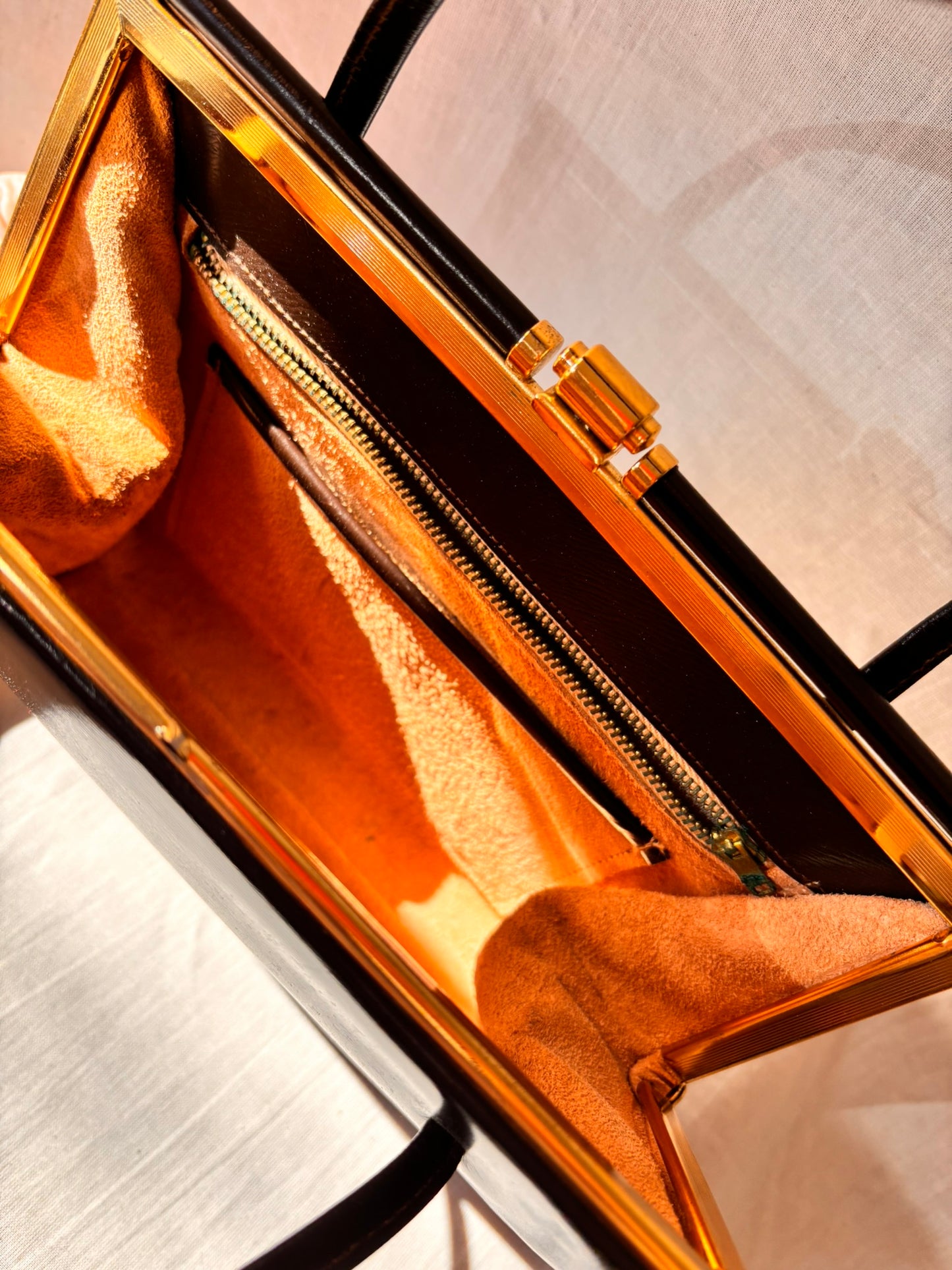 Vintage 1960s Chocolate Brown Leather Structured Handbag with Gold Frame