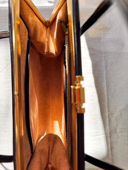 Vintage 1960s Chocolate Brown Leather Structured Handbag with Gold Frame