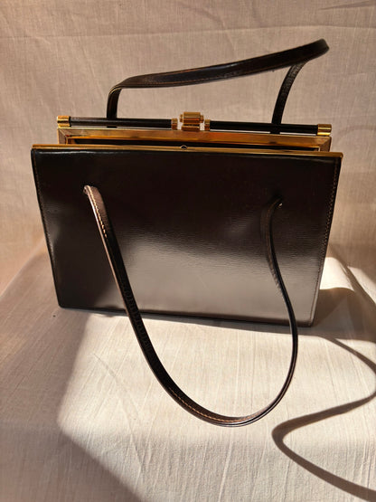 Vintage 1960s Chocolate Brown Leather Structured Handbag with Gold Frame