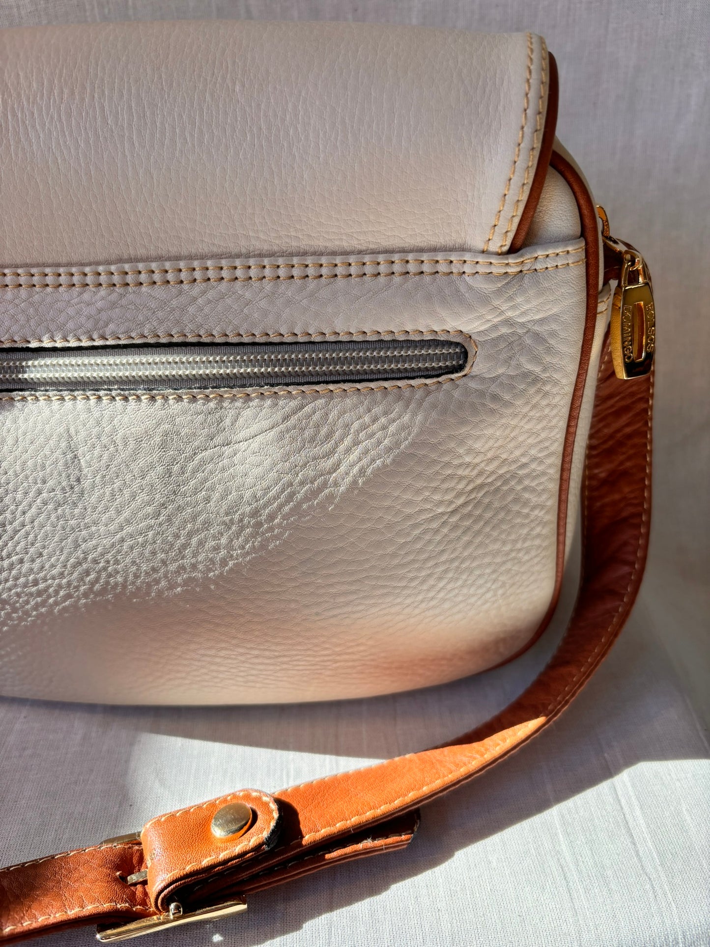 Vintage 1990s Bolsos Domingo Cream & Tan Spanish Leather Crossbody Bag – Purchased at El Corte Inglés