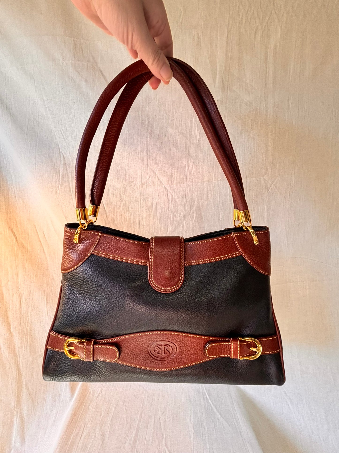 Vintage 90s Black and Tan Spanish Leather Kelly Style Handbag