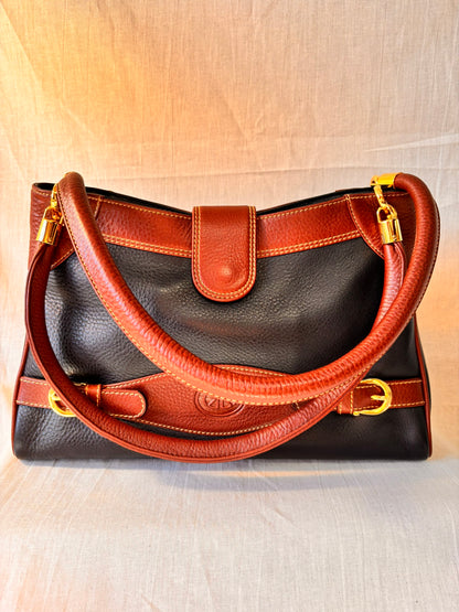 Vintage 90s Black and Tan Spanish Leather Kelly Style Handbag