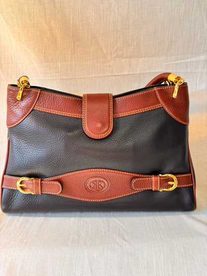 Vintage 90s Black and Tan Spanish Leather Kelly Style Handbag