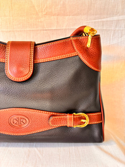 Vintage 90s Black and Tan Spanish Leather Kelly Style Handbag