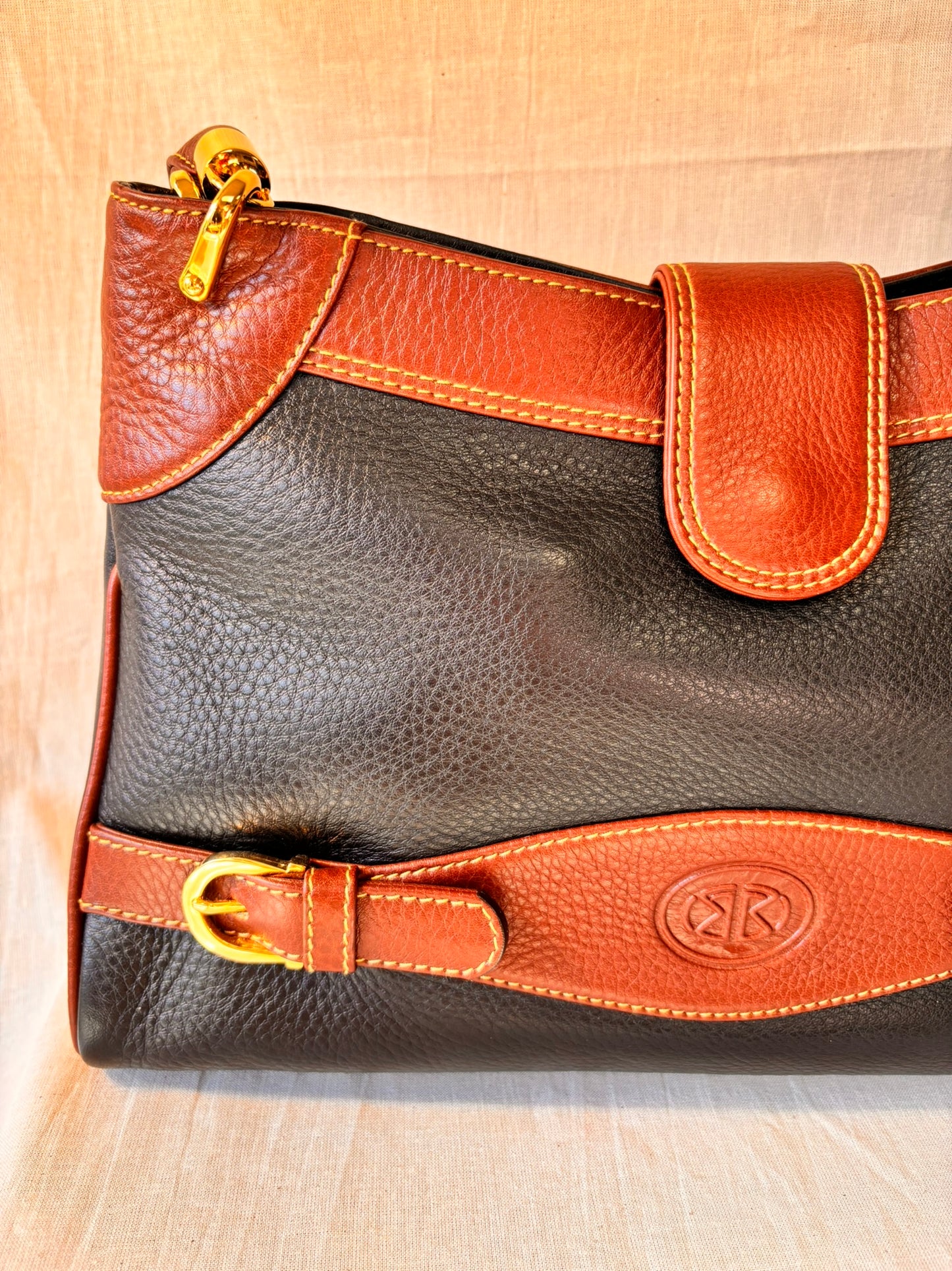 Vintage 90s Black and Tan Spanish Leather Kelly Style Handbag