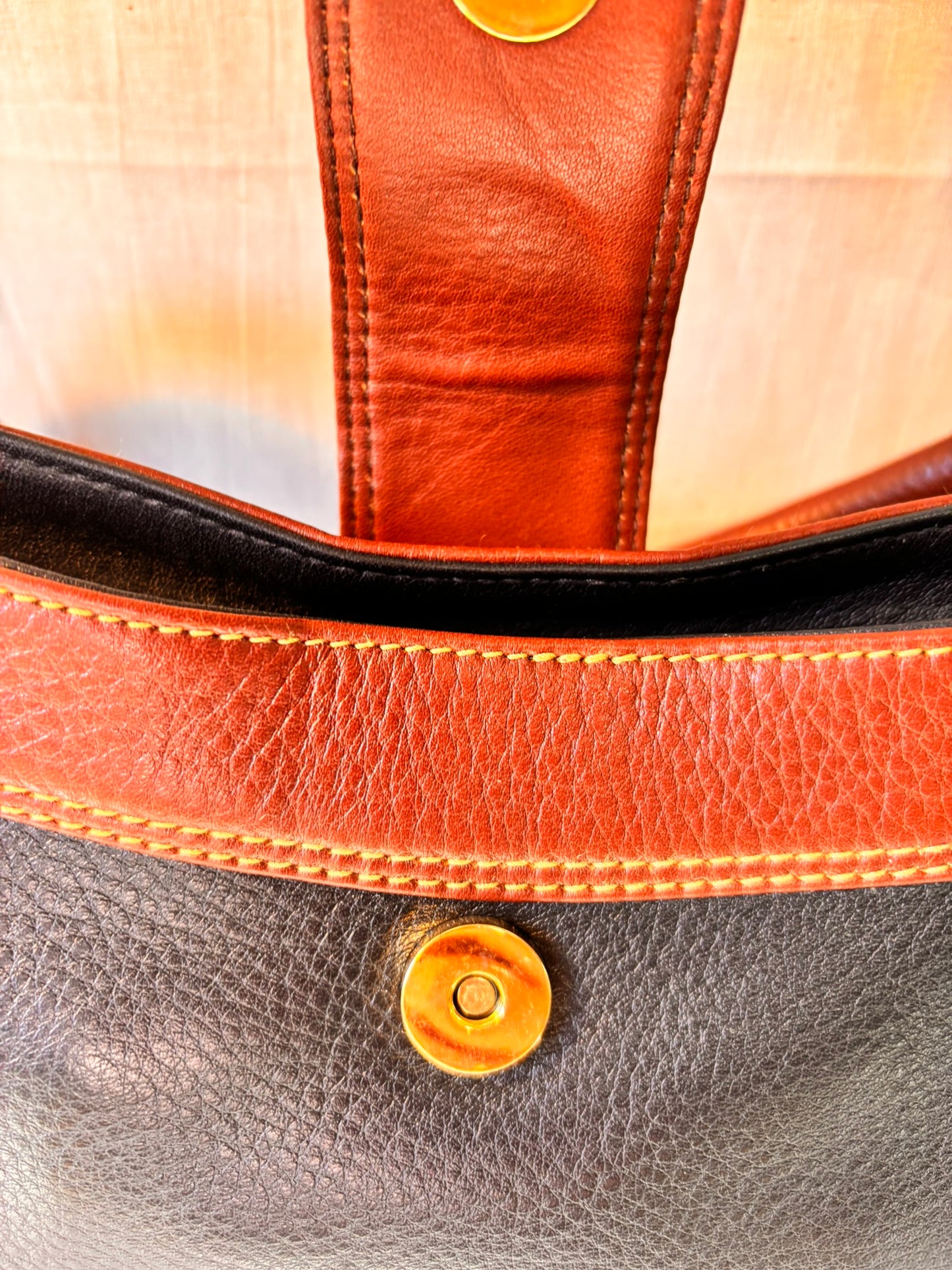 Vintage 90s Black and Tan Spanish Leather Kelly Style Handbag