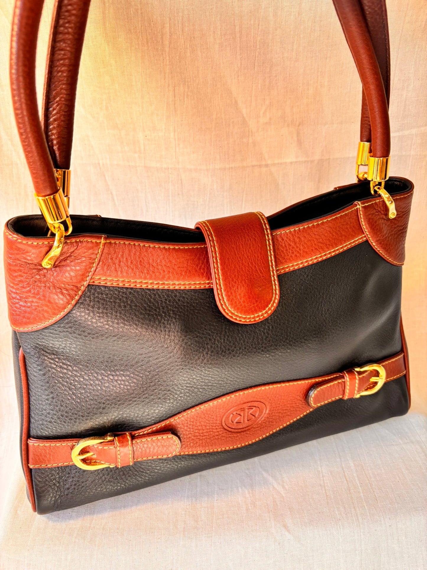 Vintage 90s Black and Tan Spanish Leather Kelly Style Handbag