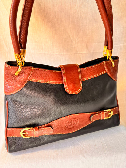 Vintage 90s Black and Tan Spanish Leather Kelly Style Handbag