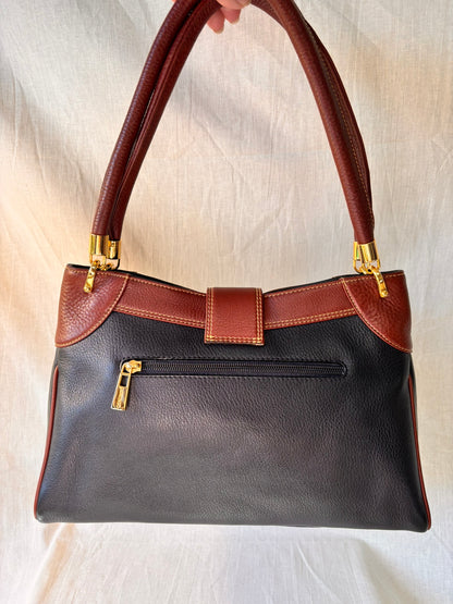 Vintage 90s Black and Tan Spanish Leather Kelly Style Handbag
