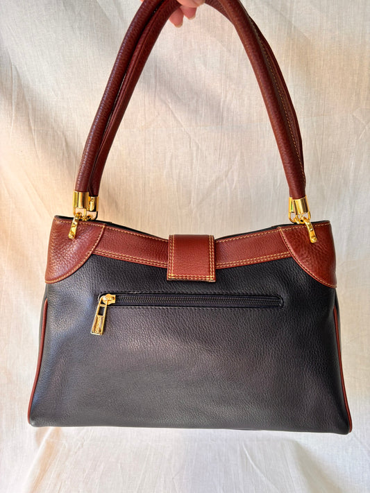 Vintage 90s Black and Tan Spanish Leather Kelly Style Handbag