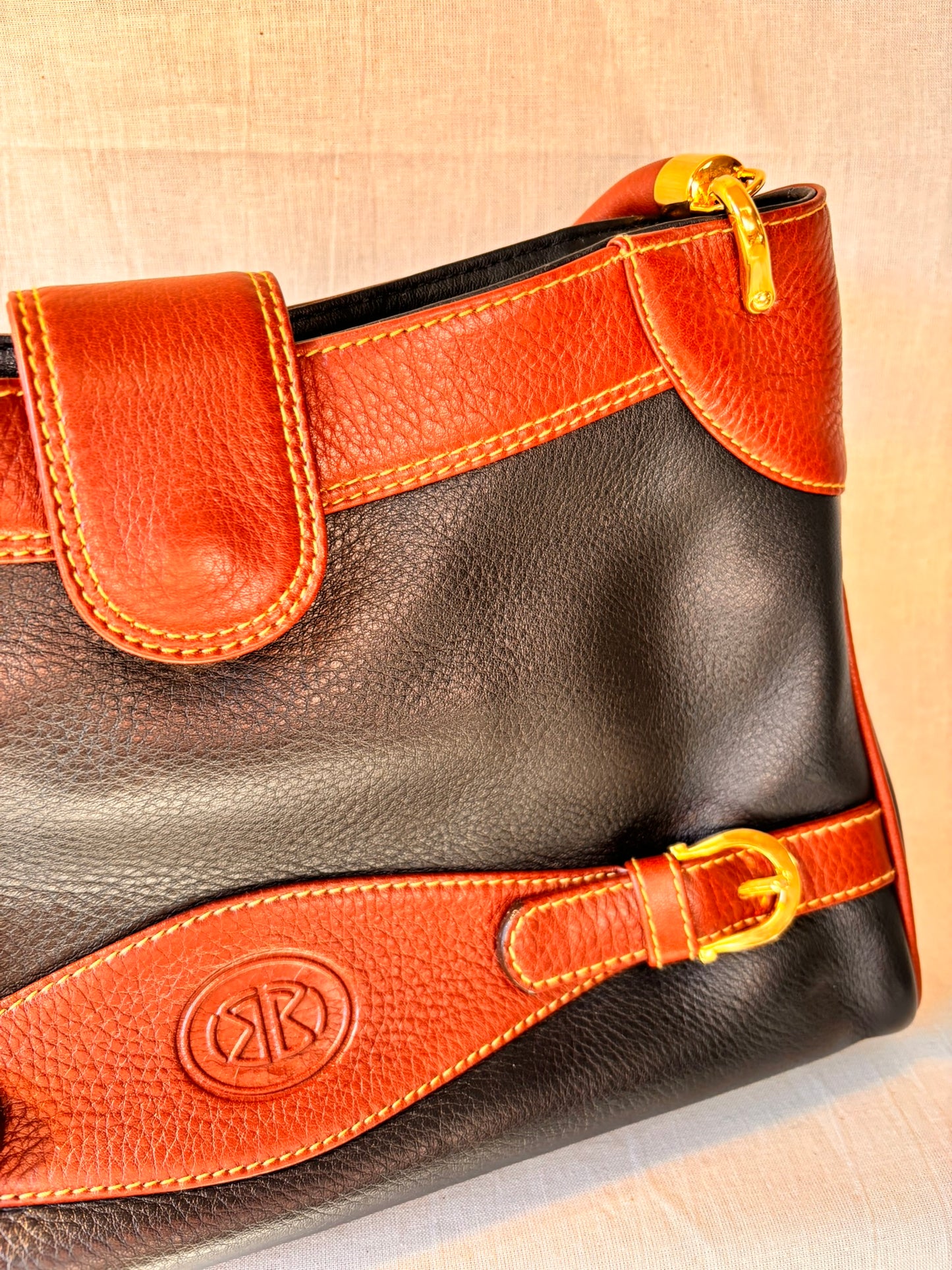 Vintage 90s Black and Tan Spanish Leather Kelly Style Handbag