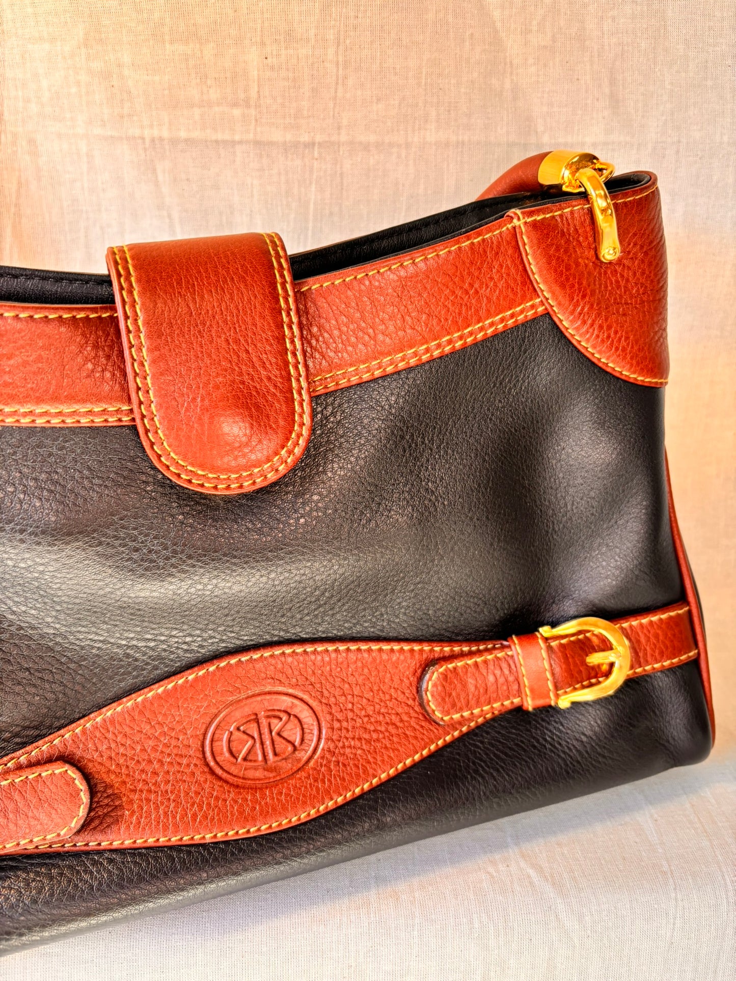 Vintage 90s Black and Tan Spanish Leather Kelly Style Handbag