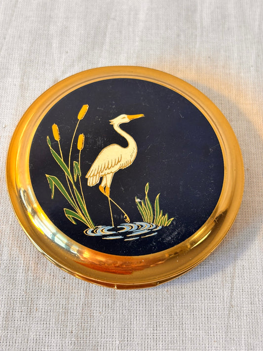 Vintage Crane Compact Mirror | 1950s–1960s Gold Tone Powder Compact with Original Puff