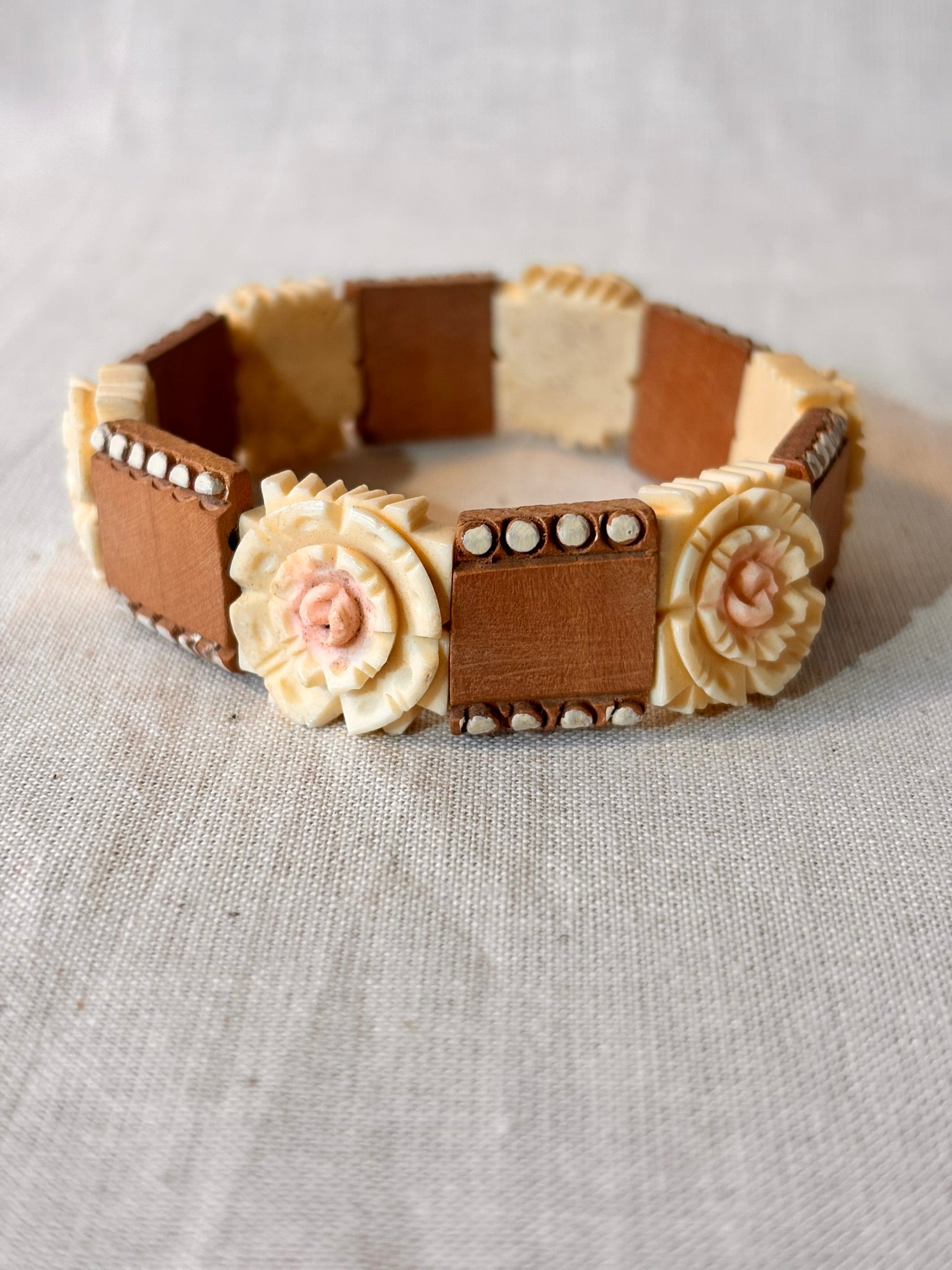 Vintage Wooden Bracelet with Carved Rose Detail