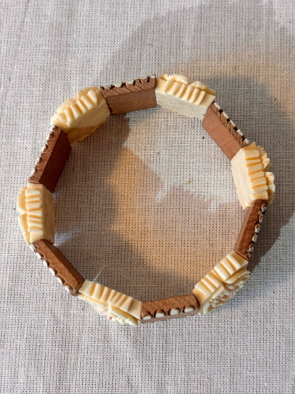 Vintage Wooden Bracelet with Carved Rose Detail