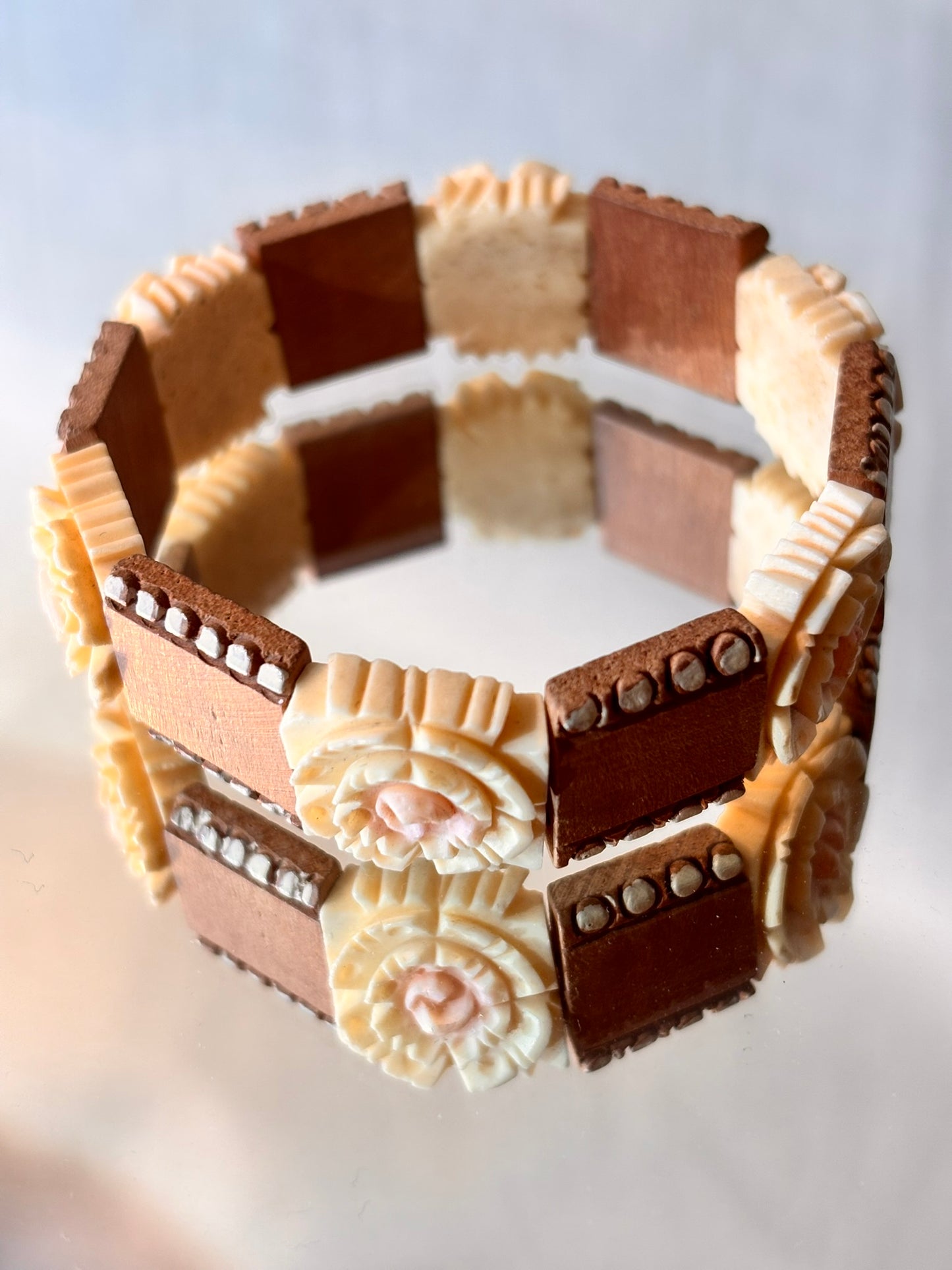 Vintage Wooden Bracelet with Carved Rose Detail