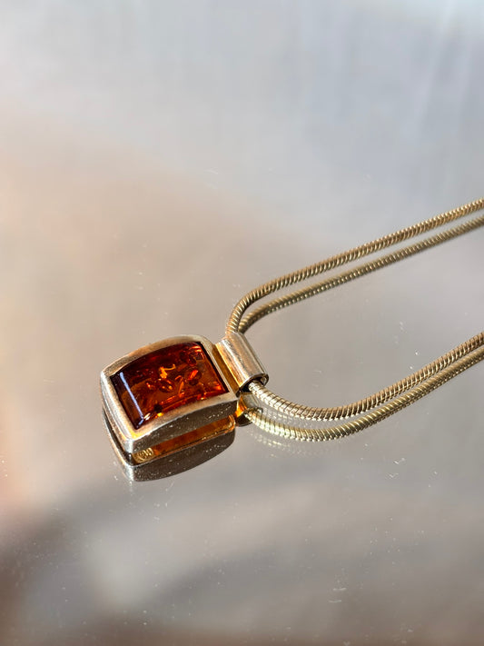 Square Baltic Amber Pendant Sterling Silver 925 Necklace