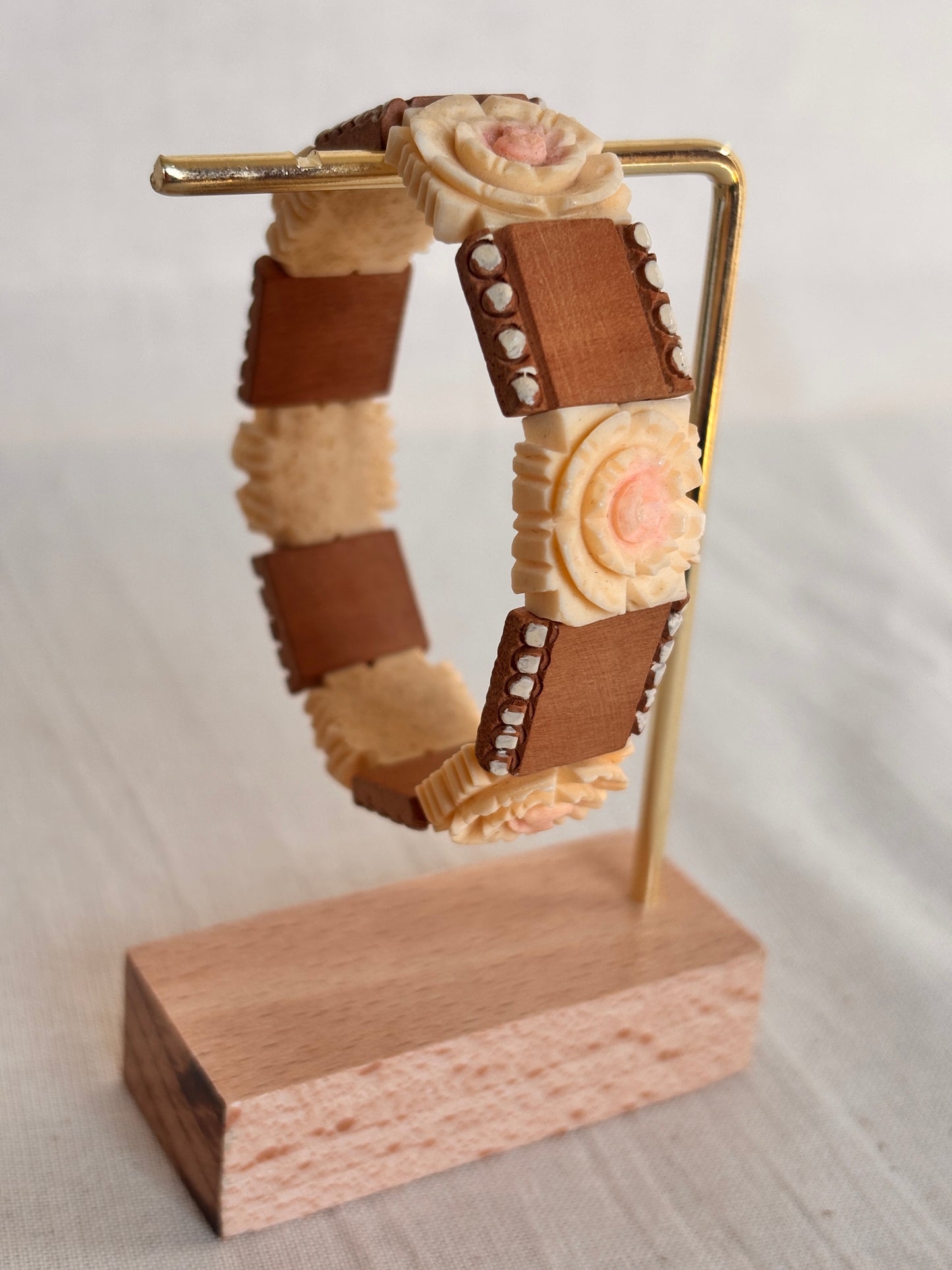 Vintage Wooden Bracelet with Carved Rose Detail