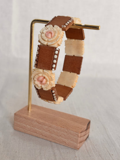 Vintage Wooden Bracelet with Carved Rose Detail