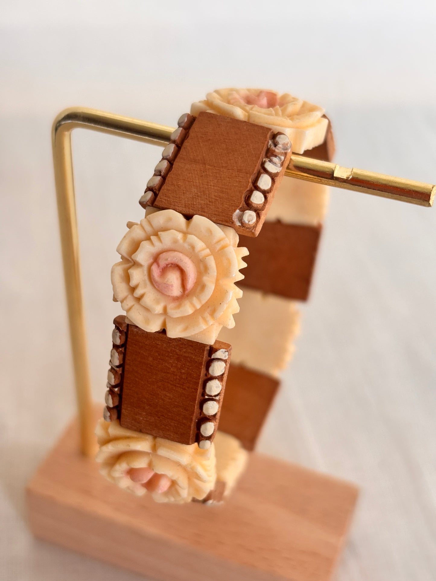 Vintage Wooden Bracelet with Carved Rose Detail