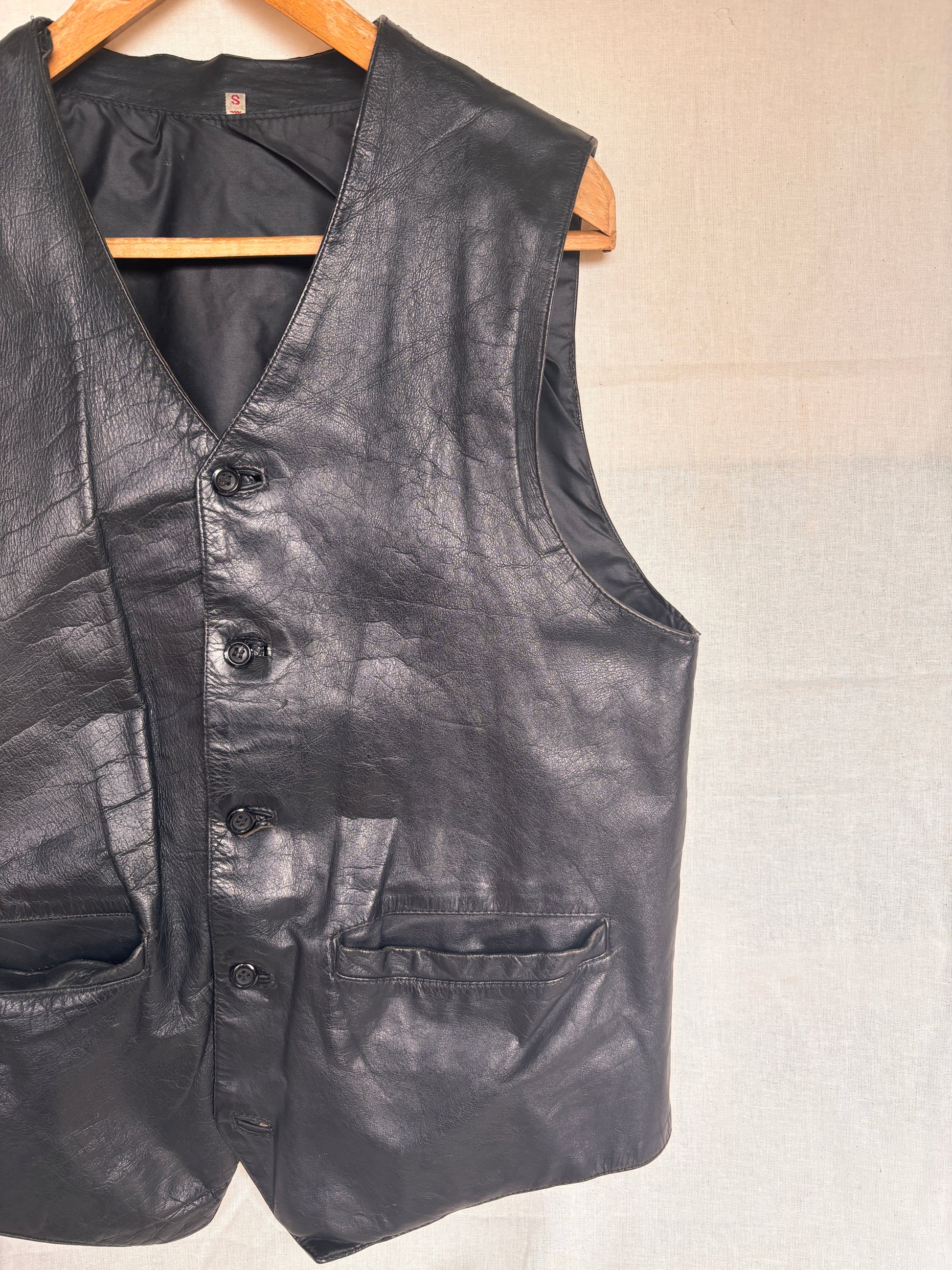 Vintage 1980s Black Leather Waistcoat Vest