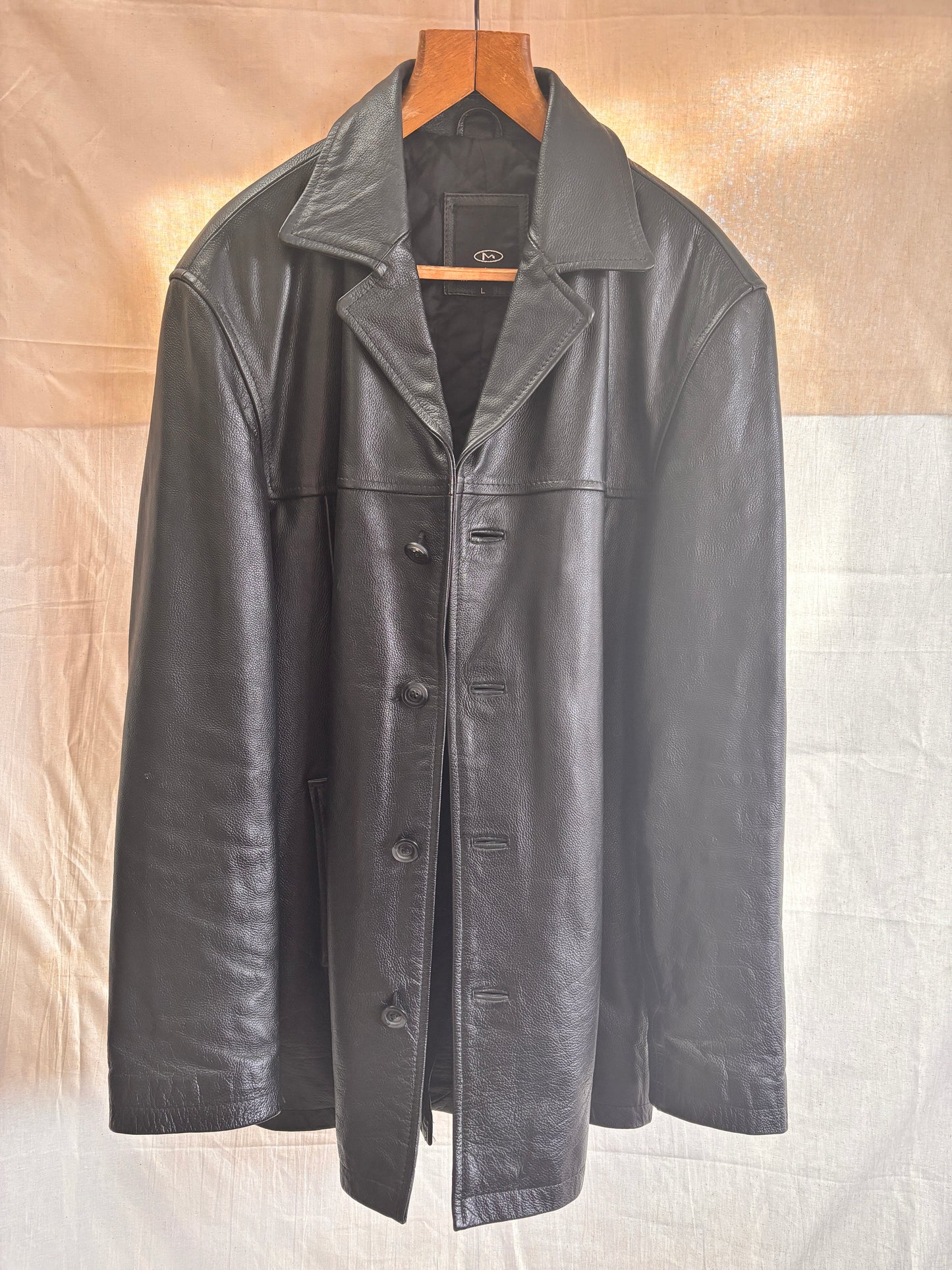 Vintage Black Leather Coat by Matinee – Minimal 90s Leather Jacket