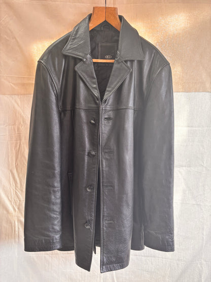 Vintage Black Leather Coat by Matinee – Minimal 90s Leather Jacket