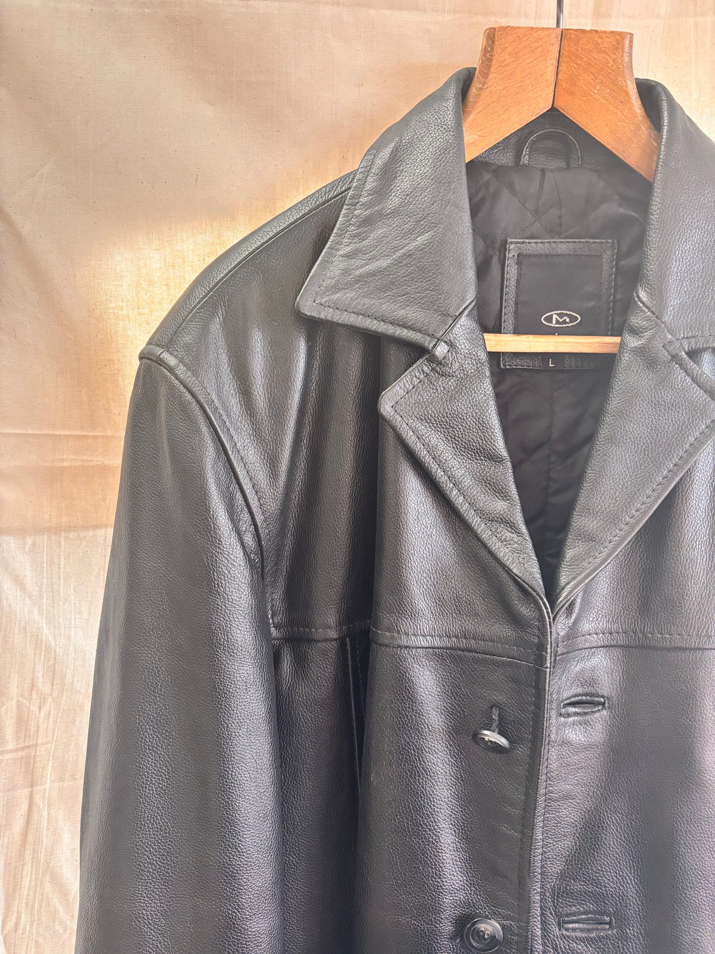 Vintage Black Leather Coat by Matinee – Minimal 90s Leather Jacket