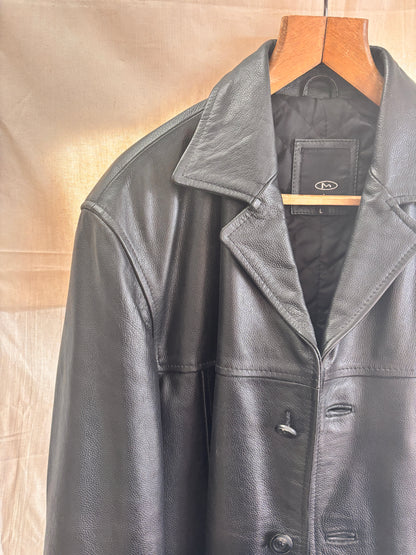 Vintage Black Leather Coat by Matinee – Minimal 90s Leather Jacket