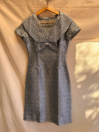 1960s Blue & Silver Lamé Cocktail Dress with Bow Detail