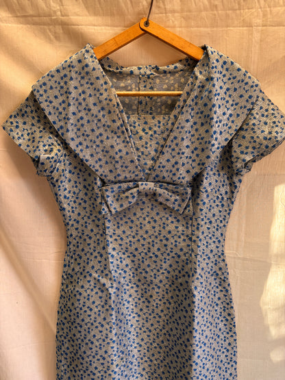 1960s Blue & Silver Lamé Cocktail Dress with Bow Detail
