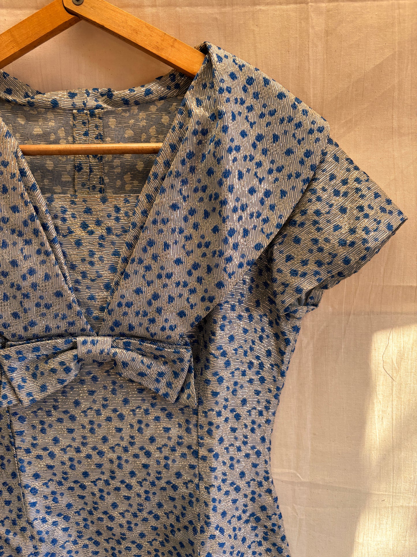 1960s Blue & Silver Lamé Cocktail Dress with Bow Detail