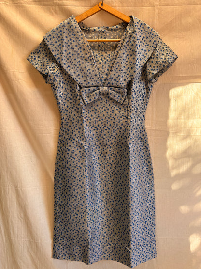1960s Blue & Silver Lamé Cocktail Dress with Bow Detail