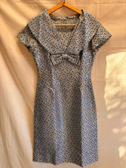 1960s Blue & Silver Lamé Cocktail Dress with Bow Detail