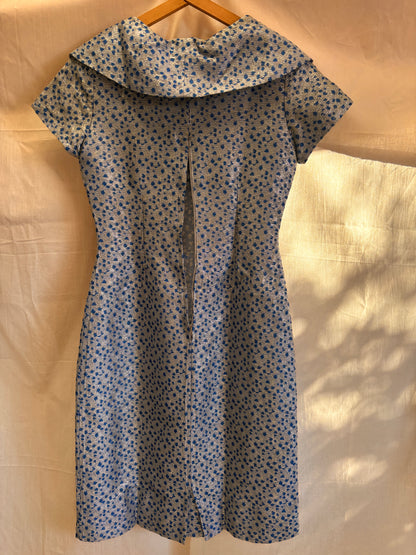 1960s Blue & Silver Lamé Cocktail Dress with Bow Detail