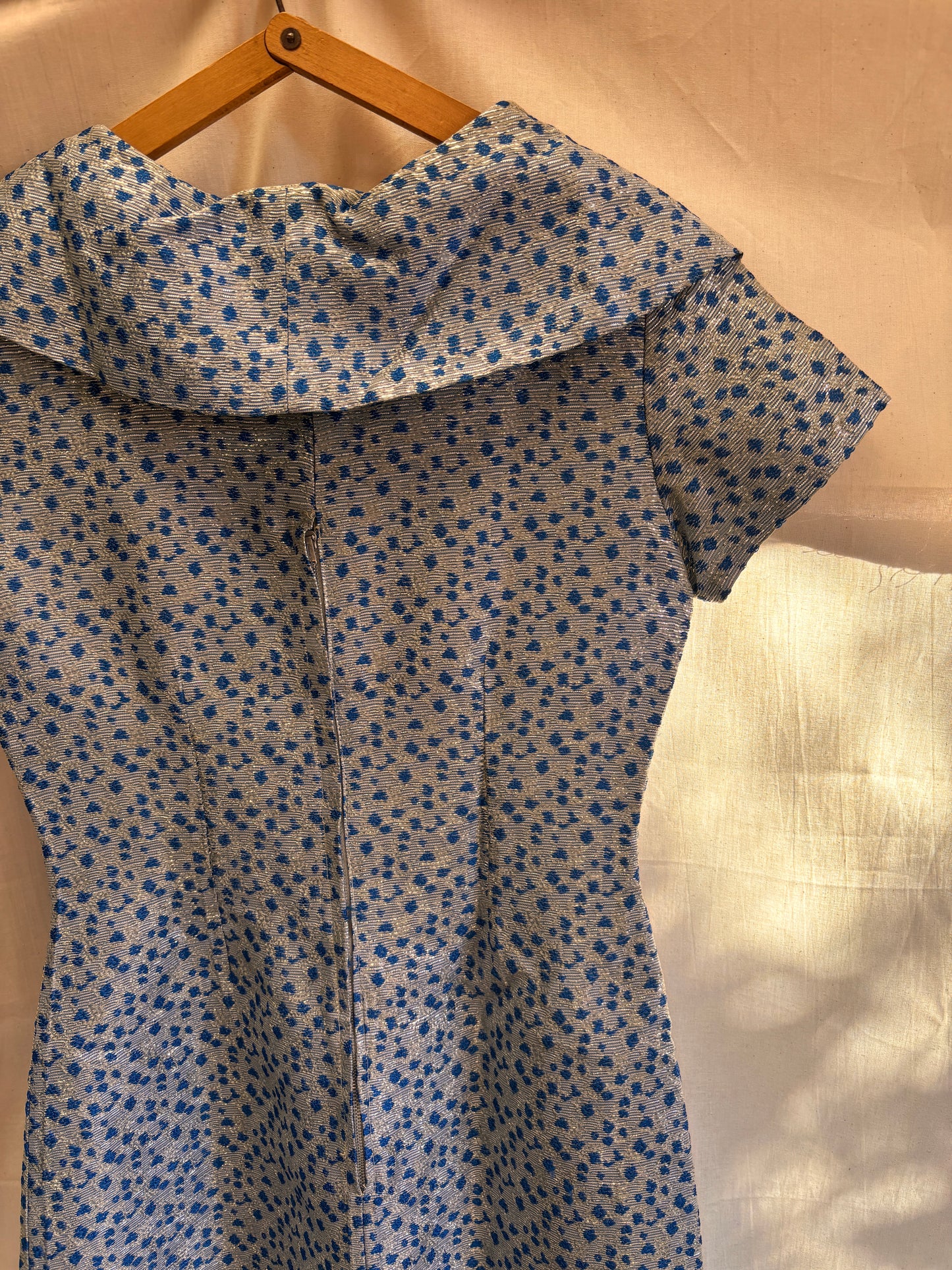 1960s Blue & Silver Lamé Cocktail Dress with Bow Detail