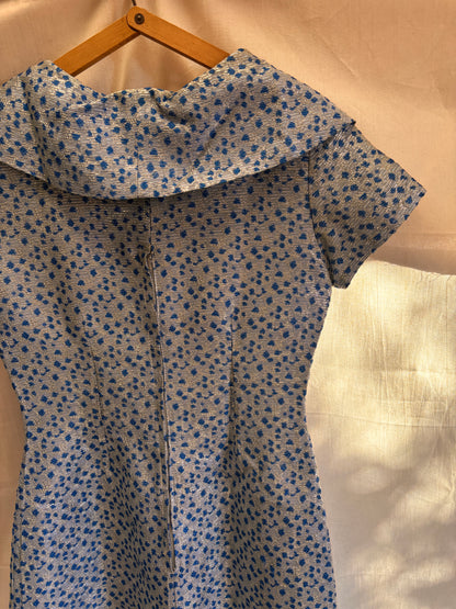 1960s Blue & Silver Lamé Cocktail Dress with Bow Detail