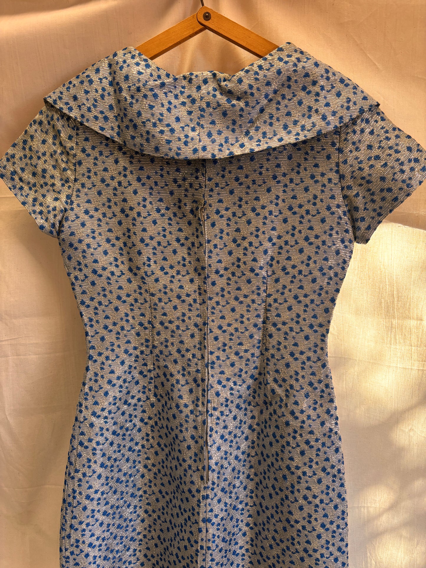 1960s Blue & Silver Lamé Cocktail Dress with Bow Detail