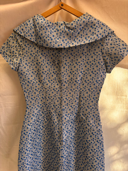 1960s Blue & Silver Lamé Cocktail Dress with Bow Detail