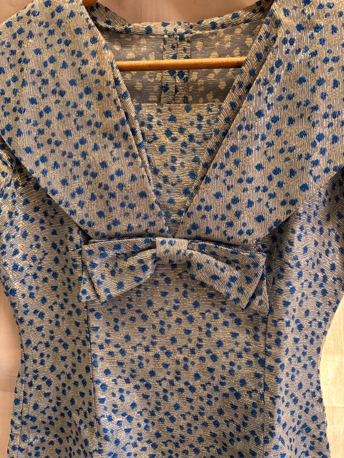 1960s Blue & Silver Lamé Cocktail Dress with Bow Detail