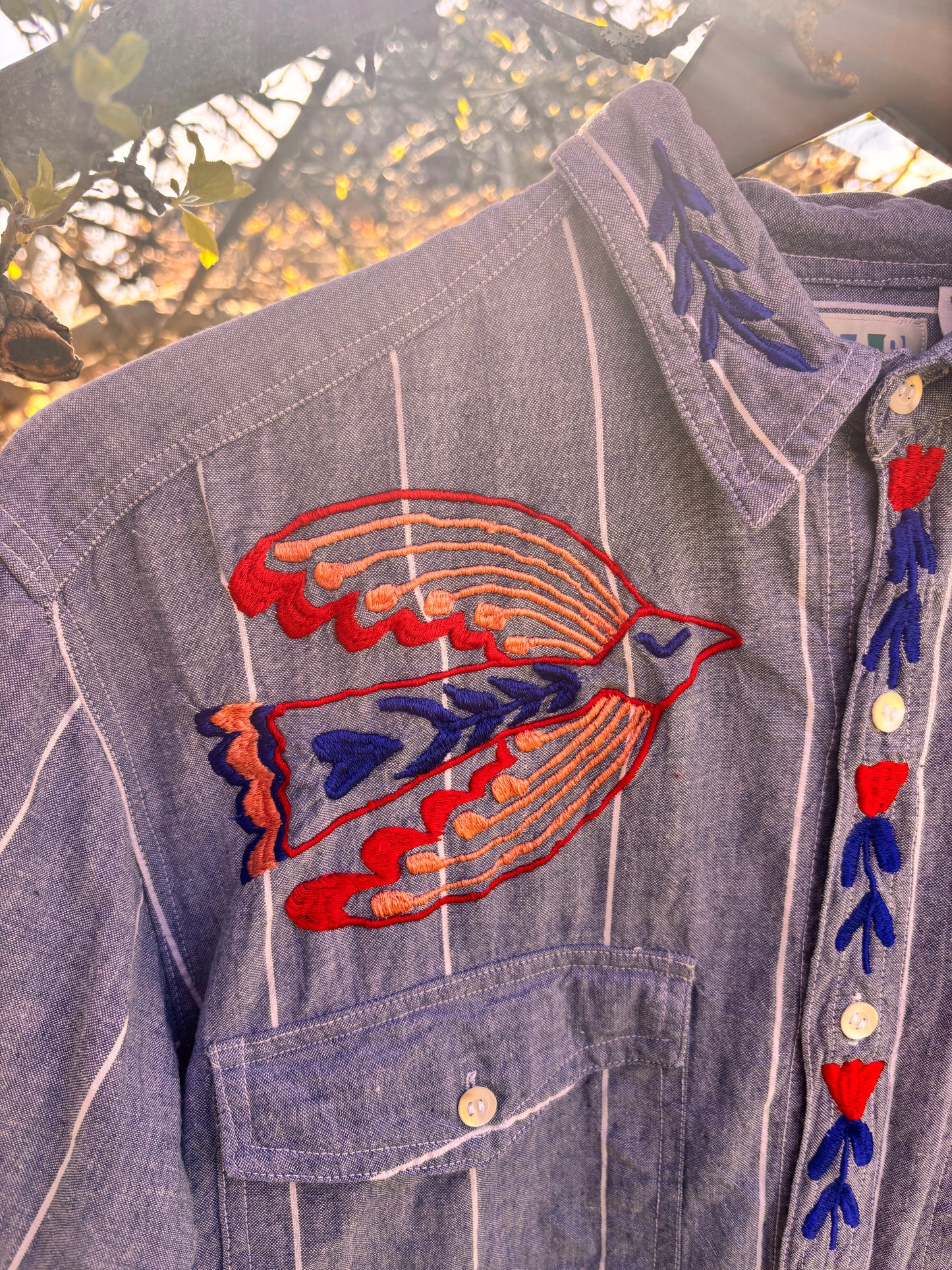 One-of-a-Kind Hand Guided Embroidered Folk Bird Shirt
