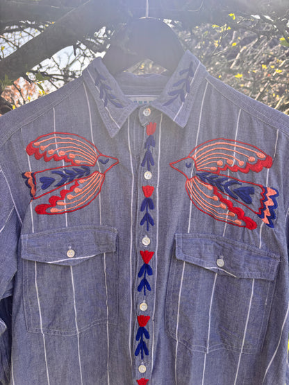 One-of-a-Kind Hand Guided Embroidered Folk Bird Shirt